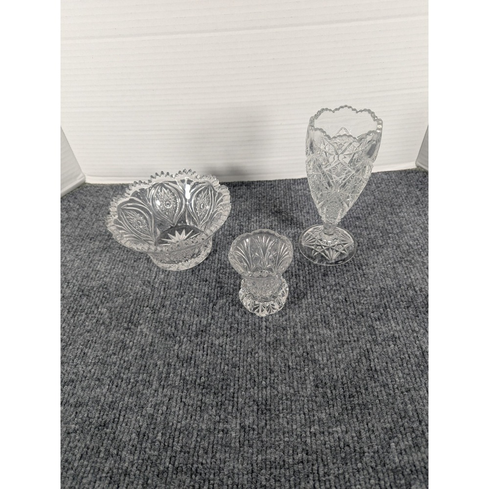 Vintage Crystal 3pc bundle Small Vase, Toothpick Holder, Scalloped Bowl